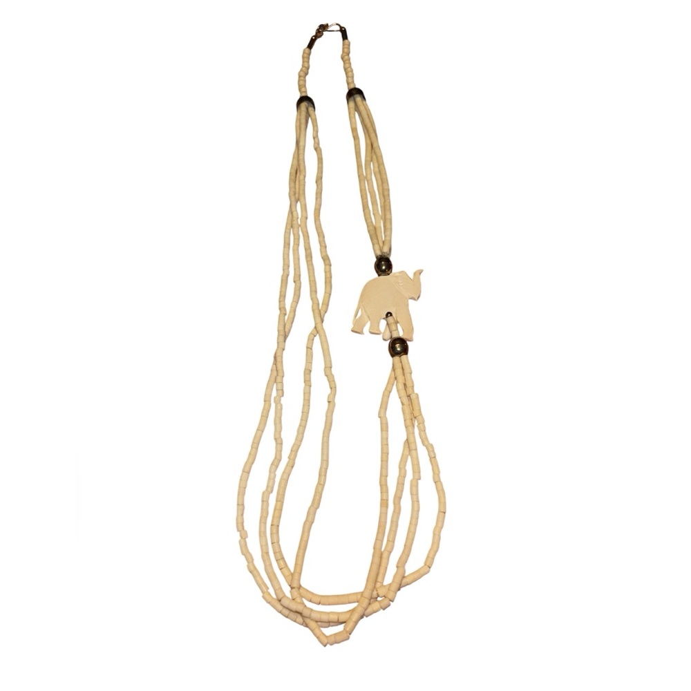 Vintage Multi Strand Elephant Necklace Hand Carved Bovine Bone Cream Beaded Boho